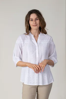 Women's White 3/4 Elastic Cuff Sleeve Blouse