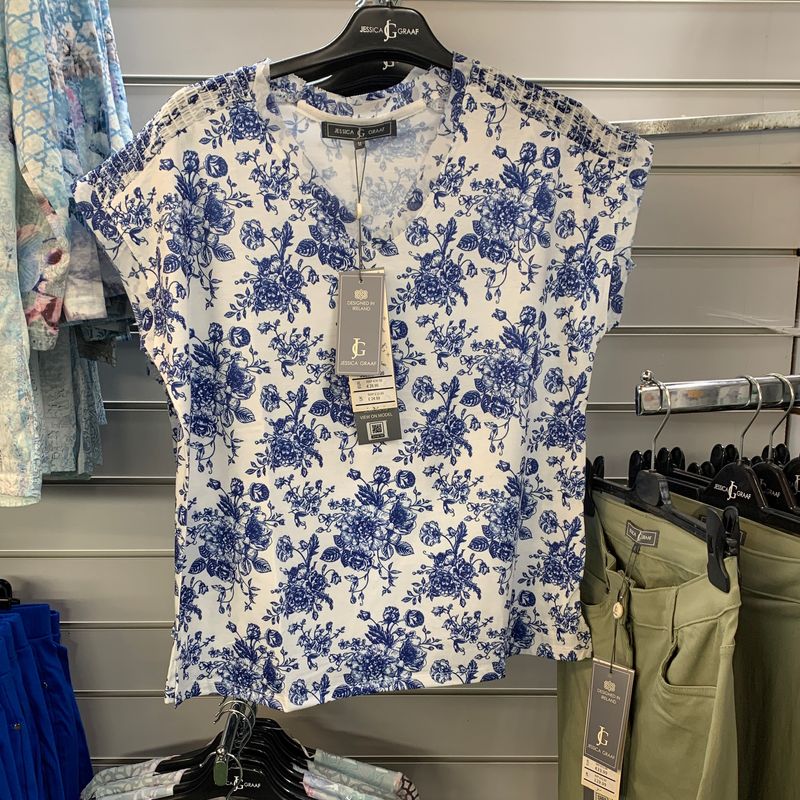 Women's Blue V-Neck Printed Top