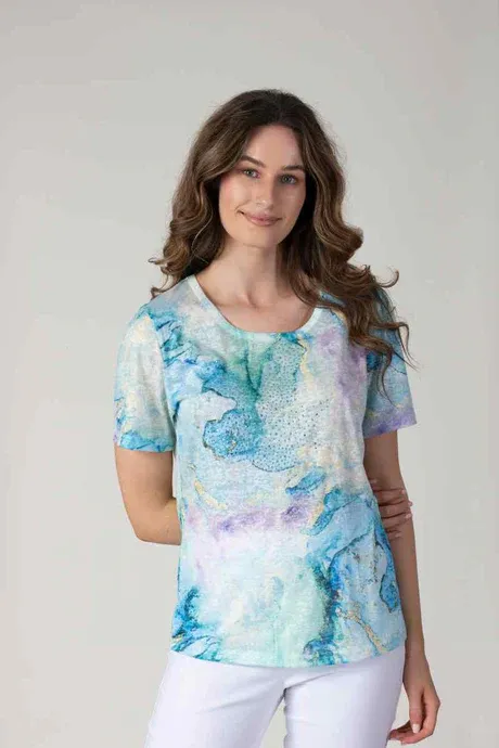 Women's Aqua Short Sleeve Printed Top
