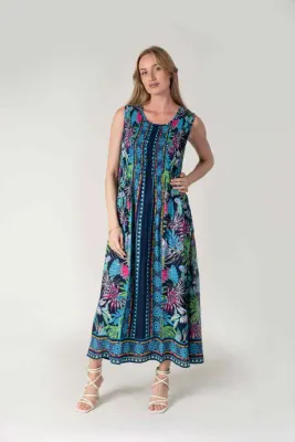 * Women's Navy Sleeveless Flower Print Dress