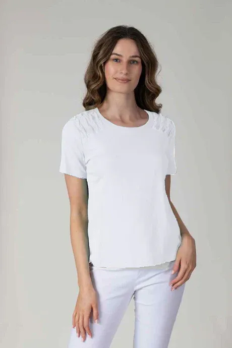Women's Ivory Short Sleeve Top with Shoulder Detail