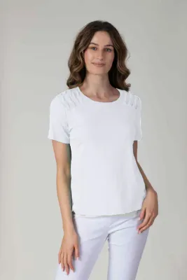 * Women's Ivory Short Sleeve Top with Shoulder Detail