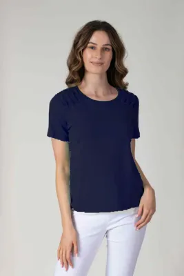* Women's Navy Short Sleeve Top with Shoulder Detail
