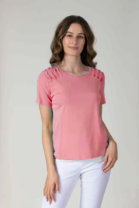 Women's Peach Short Sleeve Top with Shoulder Detail