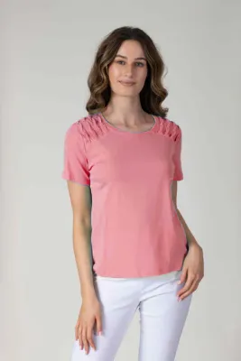 * Women's Peach Short Sleeve Top with Shoulder Detail