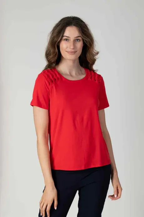 Women's Red Short Sleeve Top with Shoulder Detail