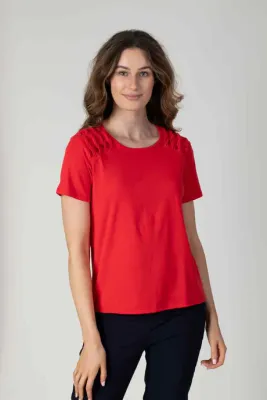 * Women's Red Short Sleeve Top with Shoulder Detail