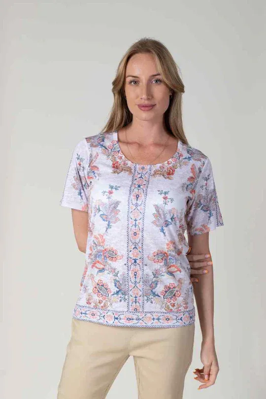 Women's Peach Burnout Paisley Print T-Shirt