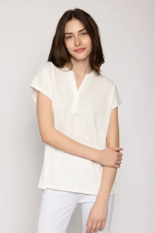 Women's Ivory Round Neck Top with Turn Up Cuff Detail
