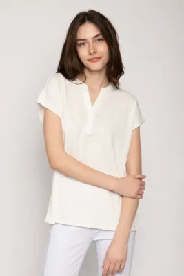 * Women's Ivory Round Neck Top with Turn Up Cuff Detail