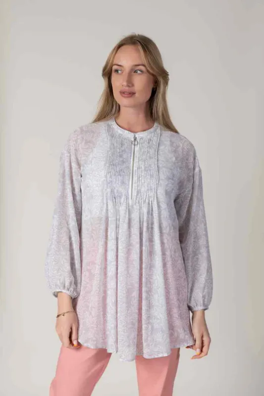 Women's Grey Pleated Half Zip Printed Blouse