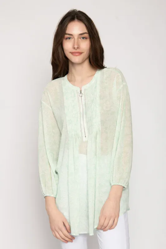 Women's Apple Pleated Half Zip Printed Blouse