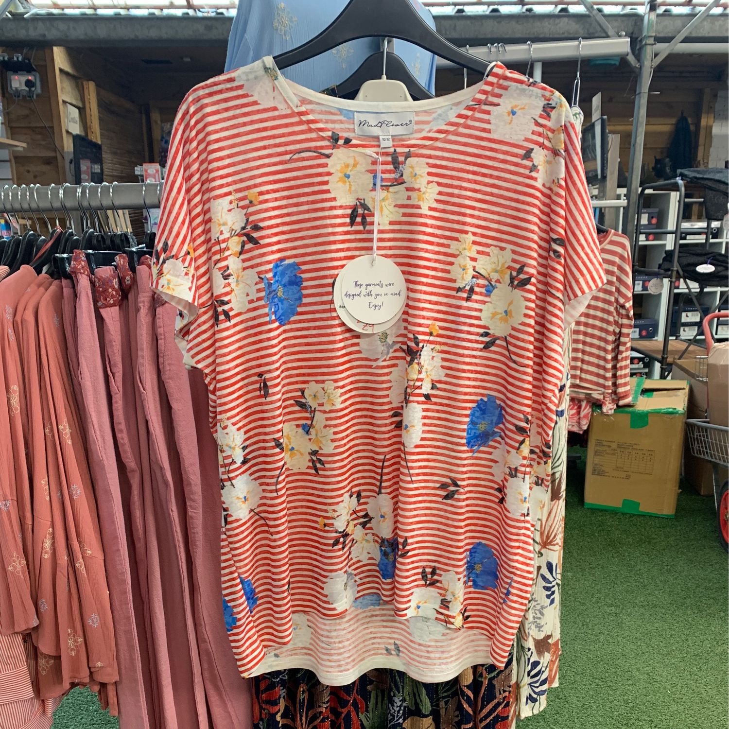 Women's Red Floral Stripe Printed Tee