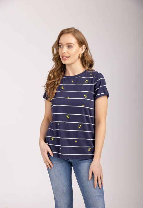Women's Navy Lemon Embroidery T-Shirt
