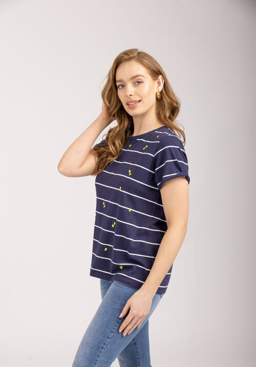 Women's Navy Lemon Embroidery T-Shirt