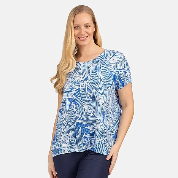 Women's Cobalt Leaf Print Burn Out Tee