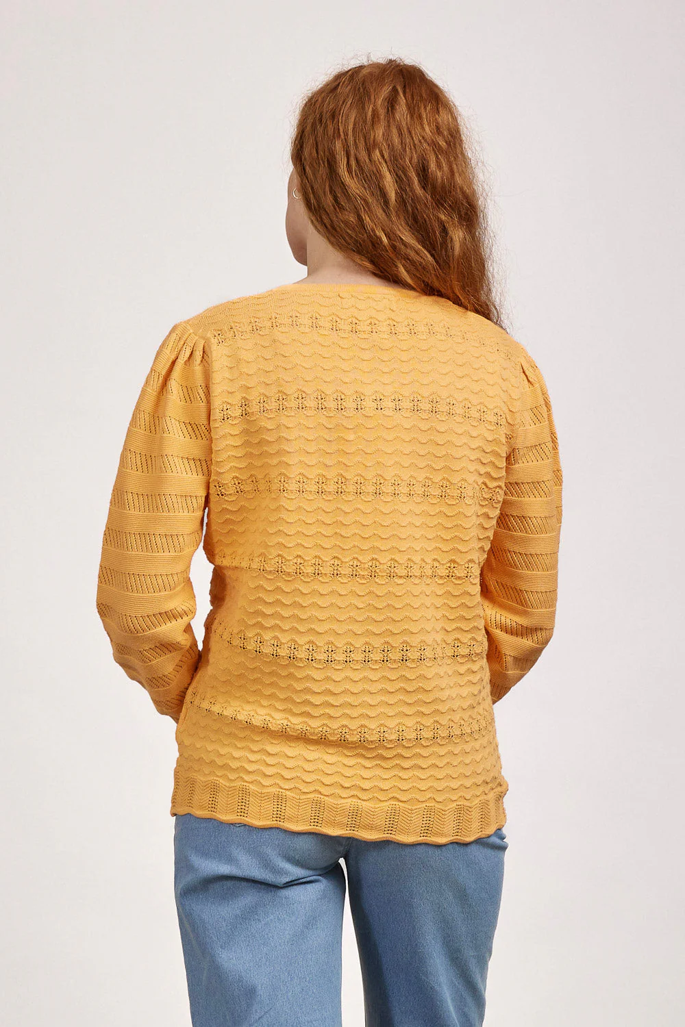 Women's Orange Pointelle V-Neck Sweater