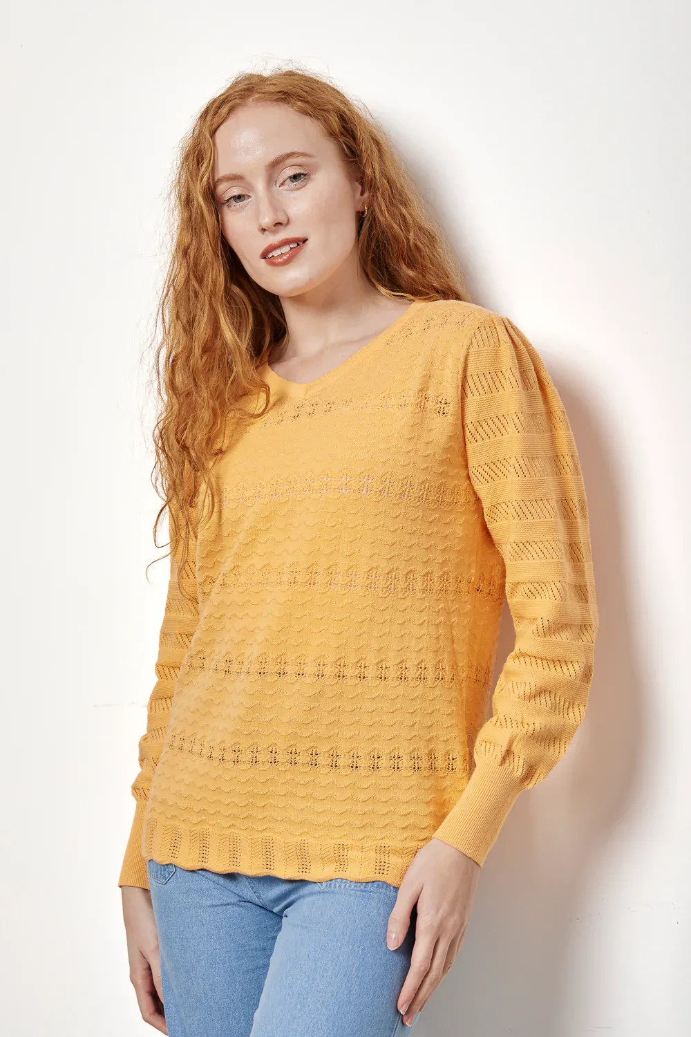 Women's Orange Pointelle V-Neck Sweater