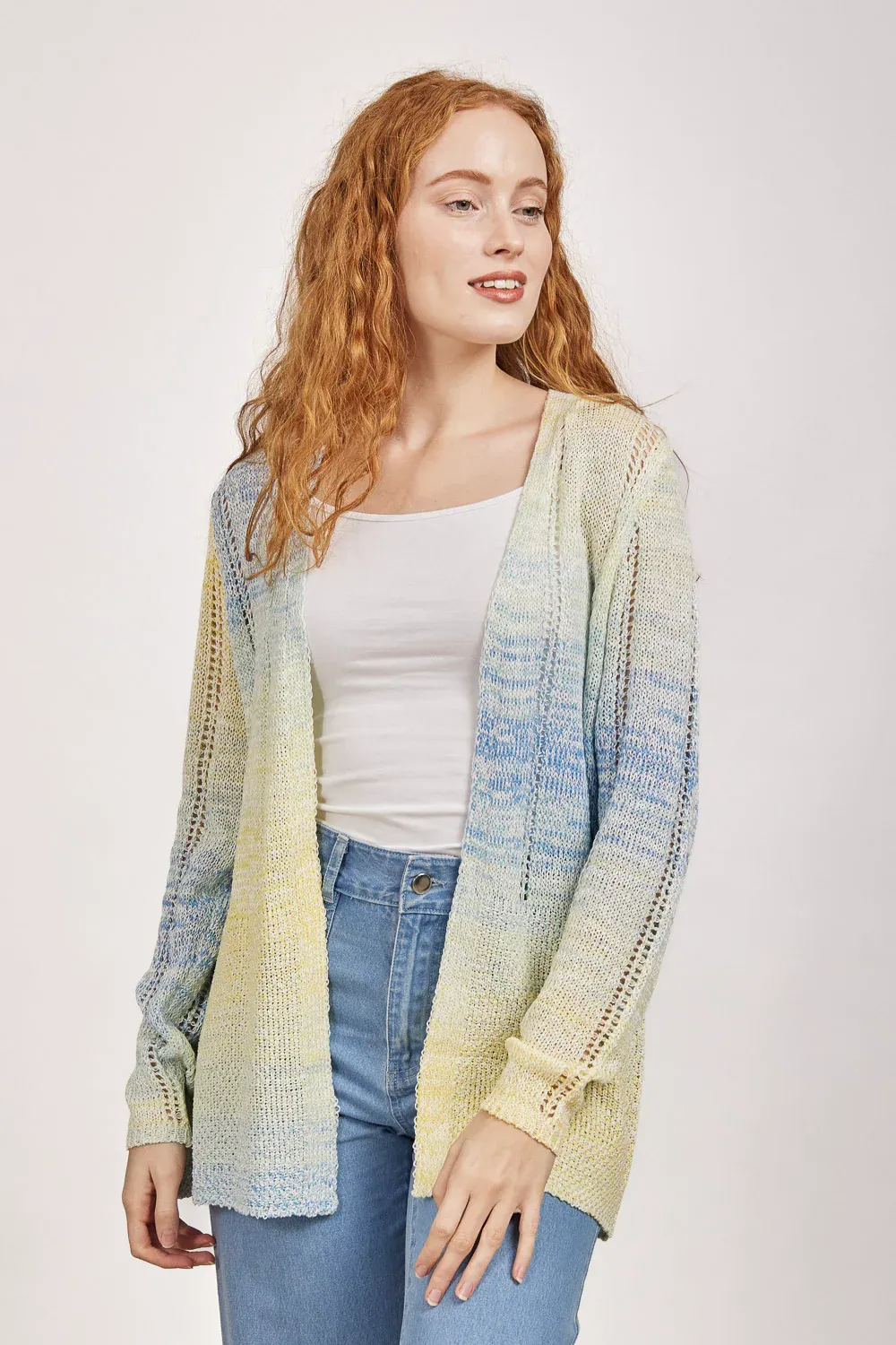 Women's Yellow Space Dyed Pointelle V-Neck Sweater
