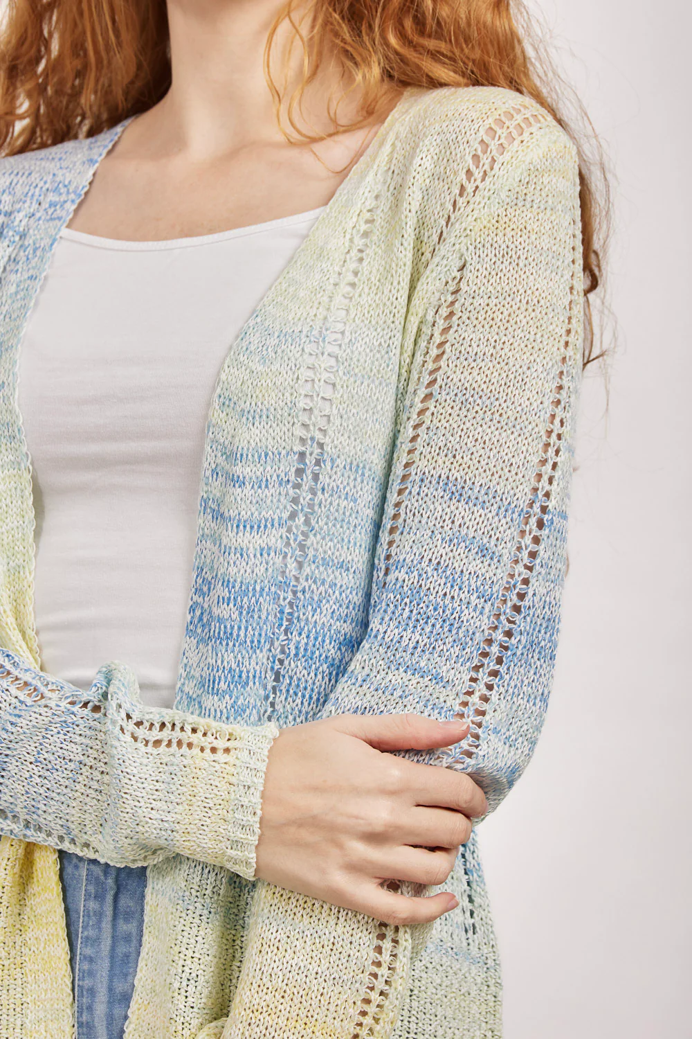 Women's Yellow Space Dyed Pointelle V-Neck Sweater