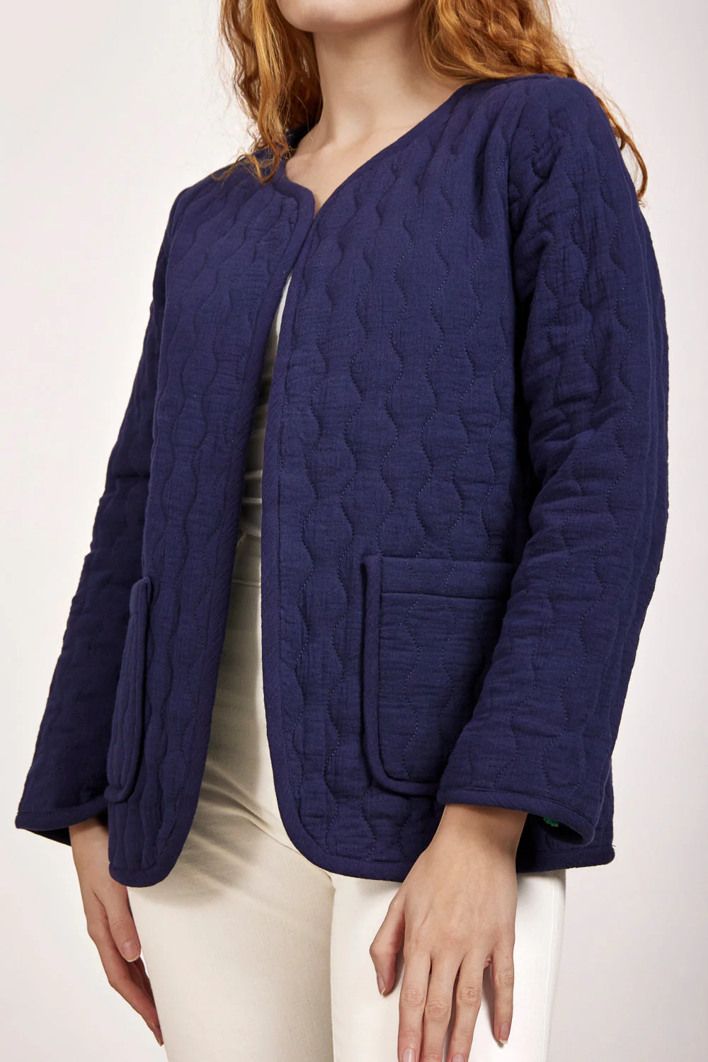 Women's Navy Wavy Stitch Quilted Jacket