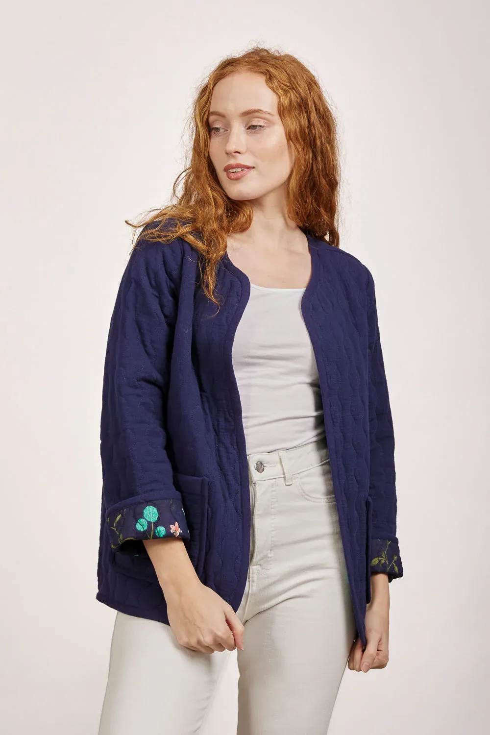 Women's Navy Wavy Stitch Quilted Jacket