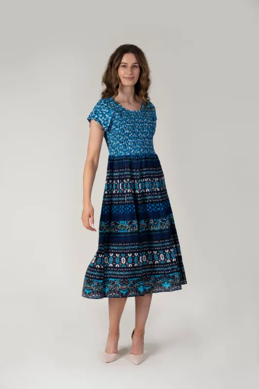 Women's Navy Printed Midi Flower Dress