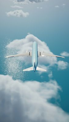Airplane seen from above whilst flying over the clouds and the ocean.