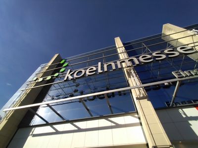 Koelnmesse logo and branding on one of the Messe buildings