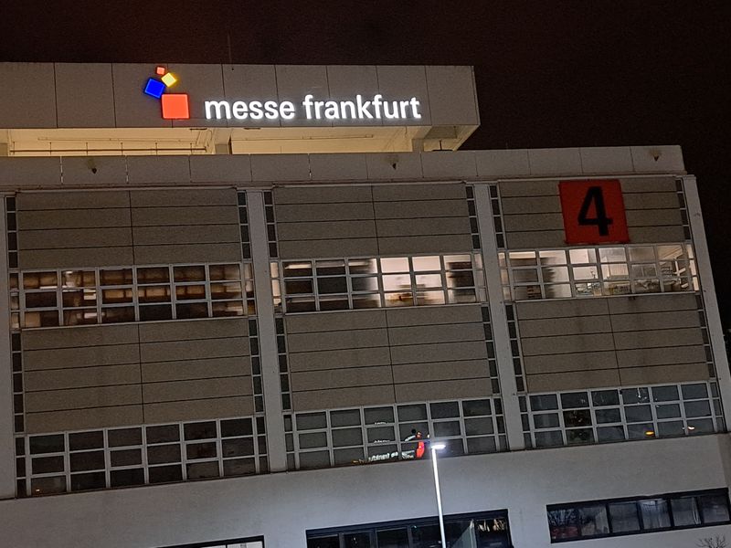 Messe Frankfurt Hall 4 from outside by night