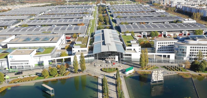 Aerial view of Messe München from main entrance side 