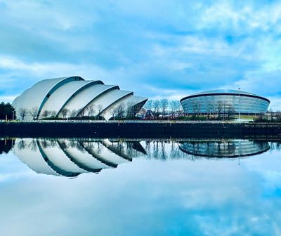 SEC Center Glasgow with reflection in the water