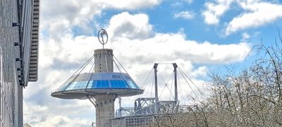 View to tower with Hermes logo at Exhibition Grounds in Hannover during Hannover Messe 2025