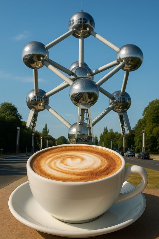 AI generated picture of the Atomium in Brussels with a Cappuccino in front