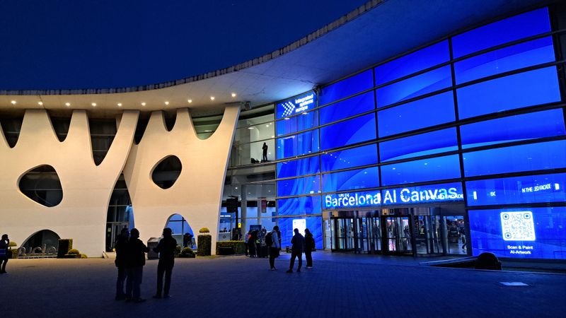 South entrance Fira Gran Via in Barcelona at night during ISE Integrated Systems Europe 2025