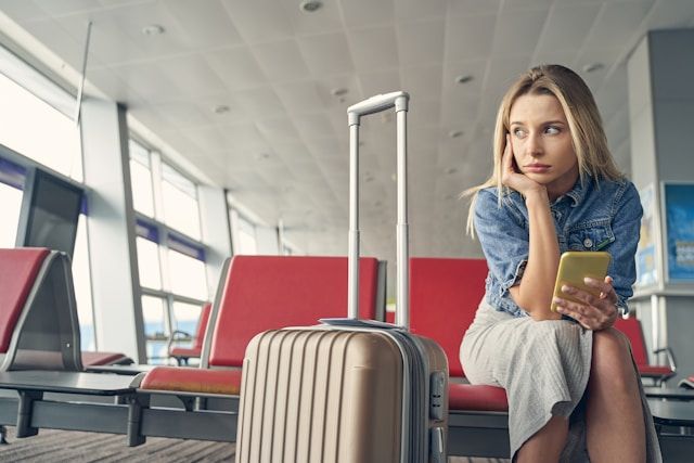 Woman waiting with her luggage waiting for boarding at an airport terminal meanwhile checking her phone