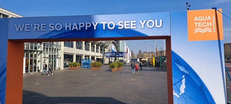 Welcome gate for Aquatech 2025 outside RAI exhibition center in Amsterdam