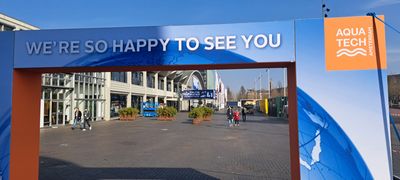 Welcome gate for Aquatech 2025 outside RAI exhibition center in Amsterdam