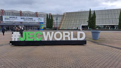 #JECWORLD letters in front of the halls at Parc des expositions Paris Nord Villepinte during JEC World 2024