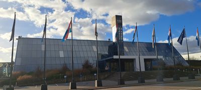 Main entrance of Luxexpo The Box tradeshow center in Luxembourg on a sunny dat in December 2025