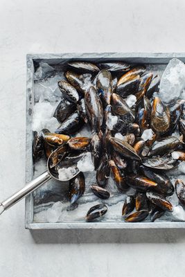 Mussels in a wooden tray on ice with a spoon