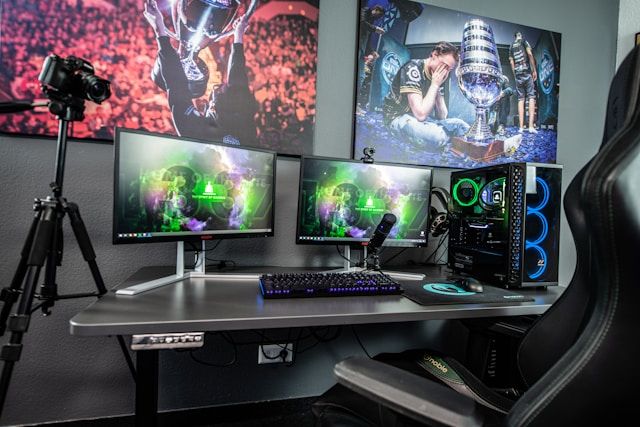Gaming setting with 2 screens on a desk and some canvas prints on the wall behind the screens