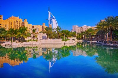 Picture from Madinat Jumeirah with reflection in the water and the Burj al Arab in the background