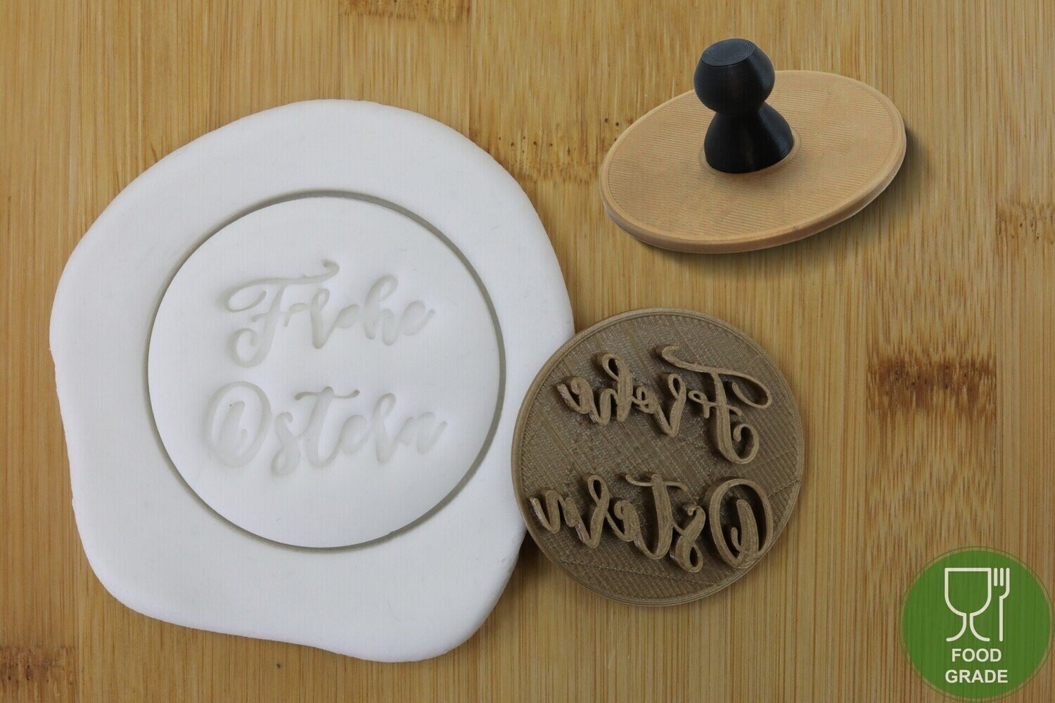 Prägestempel 'Frohe Ostern' 5/7cm für Kekse/Fondant/Knete mit praktischem Griff, Kontur: Keine Kontur, Type: Nur Text 5cm