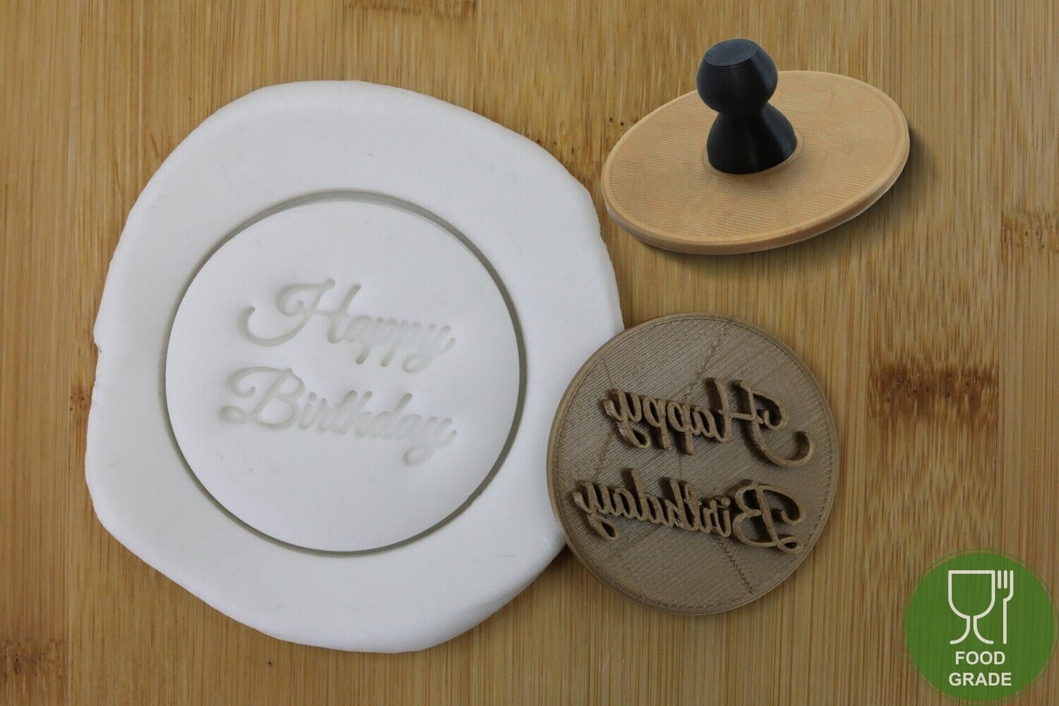 Prägestempel 'Happy birthday' 5/7cm für Kekse/Fondant/Knete mit praktischem Griff, Kontur: Keine Kontur, Type: Nur Text 5cm
