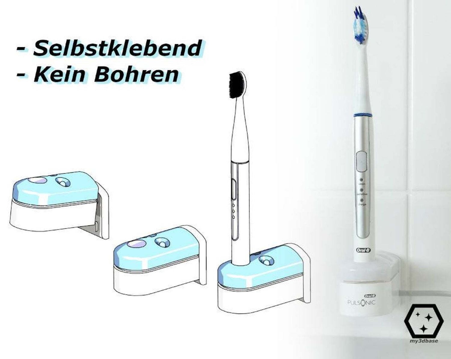 Bohrfreie Wandhalterung für die Oral-B PULSONIC Slim (Typ: 3716A)