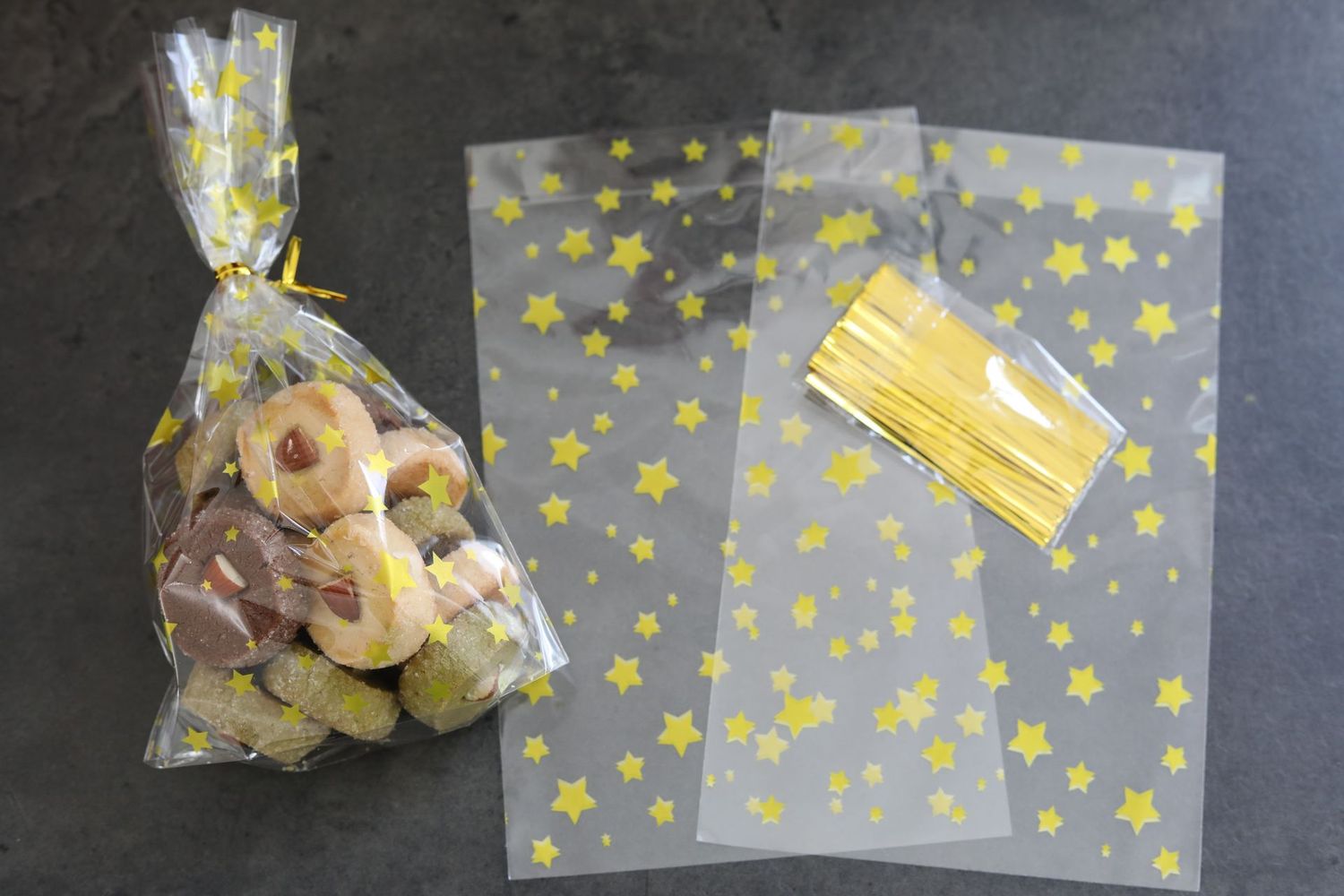 Stern gold Durchsichtig Gebäcktüten,Weihnachten Plätzchentüten, Candy Süßigkeiten Tüten mit Twist Krawatten für Bonbon Plätzchen