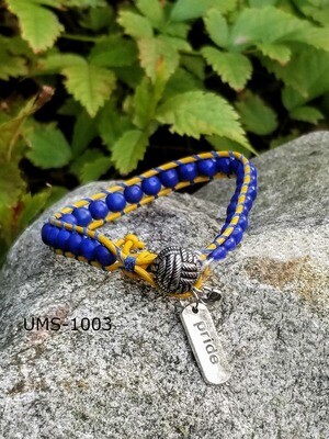 UMS-1003 
University of Michigan Yellow Leather- Pride Blue Wrap Bracelet