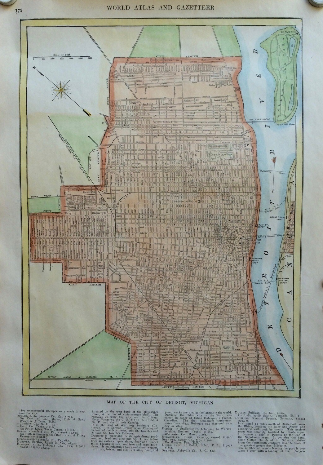 1927 Gazetteer Map of Detroit.Mi with Hand Color