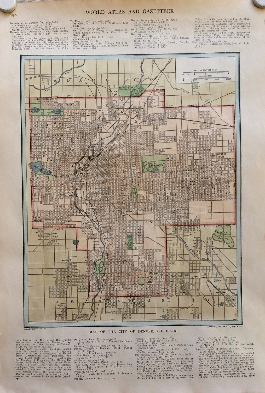 1927 City map of Denver , Colo. with Hand Color , by Collins